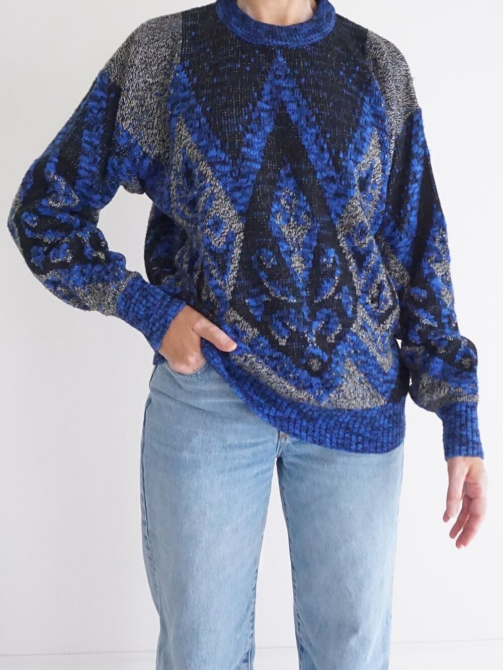 Vintage Expressions Blue Black Geometric Metallic Texture Knit Diamond Sweater M